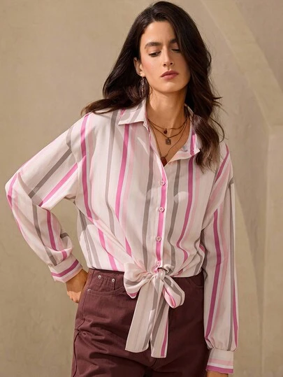 Wildy Fall Clothes For Women Winter Women's Blouse Women's Casual Pink Striped Textured Tie-Up Long Sleeve Shirt, Suitable For Summer Vacation, Daily Wear, And Sun Protection Elegant Women's Blouses Open-Front Shirt With Bow-Tie Belt Button Up Top Pink Top Graphic Tees Women