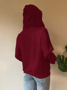 SHEIN EZwear 女式休闲勃艮第拉链连帽运动衫，长落肩袖和紧身下摆常规长度红色连帽衫，女式拉链连帽衫秋冬女装 - 酒紅色 - 查看 2