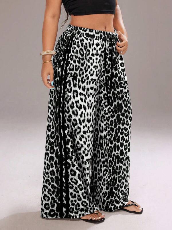 Rustia Plus Size Women Casual Fashion Street Leopard Print Drawstring Waist Contrast Striped Side Loose Wide Leg Pants Fall Cloth For Women