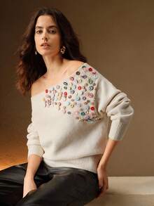 Anewsta 女式露肩彩色纽扣针织套头衫，适合秋季、秋季、冬季、外出、优雅、正式、派对、别致、新年、圣诞节、工作、毕业、婚礼 - 杏色 - 查看 3