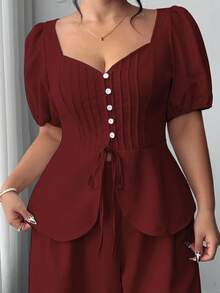Elenzga Conjunto de 2 piezas de top con mangas abullonadas y pantalones de pierna ancha, elegante y casual, con estilo retro francés para el día a día - Burdeos - Ver 8
