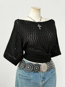 SHEIN CURVE+ 大码女式时尚优雅深色 Y2K 风格短袖针织上衣，适合春夏秋装、通勤、室内/室外、度假，馈赠佳品 - 黑色 - 查看 7