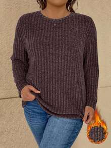 Vionelle Plus Size Casual Ribbed Knit Pullover T-Shirt, Autumn/Winter Formal Maroon - Coffee Brown - View 4