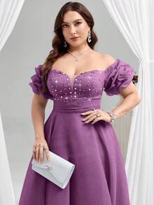 Coutiva 优雅落肩热格纹水钻深 V 领泡泡褶短袖摇摆舞会礼服，适合生日派对、毕业典礼、晚宴 - 紫羅蘭色 - 查看 6