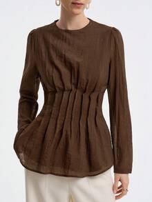 Aalyst Women's Elegant Minimalist High-End Casual, Vacation, Commute Comfortable Solid Color Tencel Cotton Blend Round Neck Waist Pleated A-Line Long Sleeve Blouse, Spring/Autumn/Winter Fall Cloth For Women