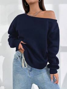 Flirla Women's Casual Everyday Solid Color Asymmetrical Neck Loose Pullover Sweatshirt Fall Cloth For Women - Navy Blue - View 6