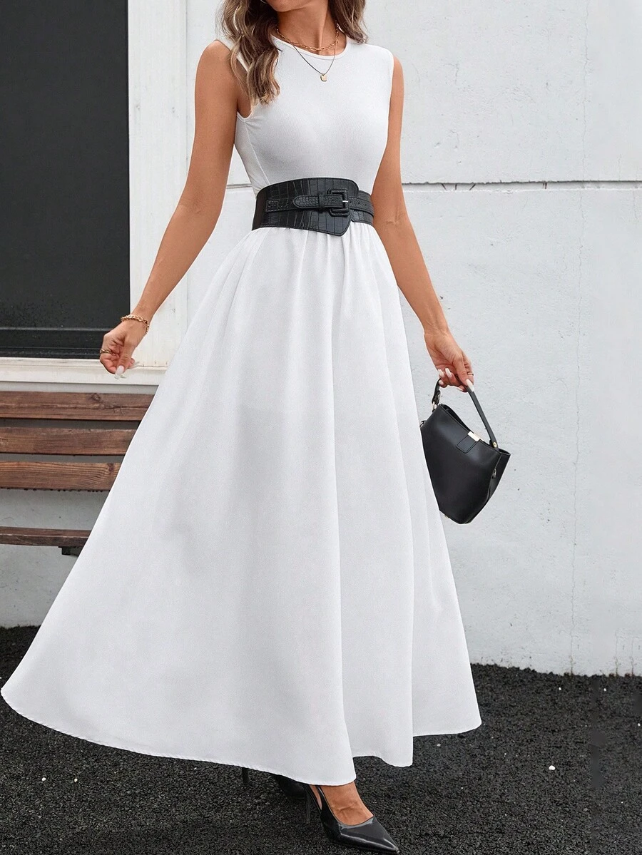 Zolique Women's Solid Color Round Neck Sleeveless Casual Commuter Dress - White - View 1
