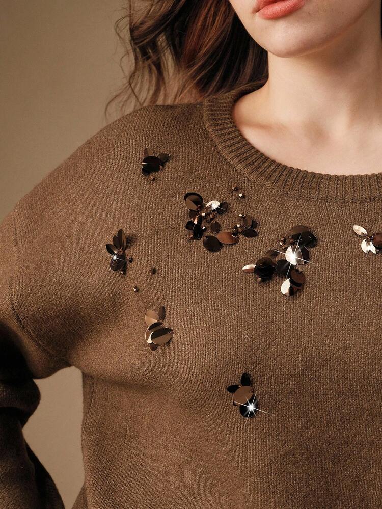 Women's Crew Neck Handcrafted Beaded Sequin Embroidered Sweater, Fashionable, Versatile, Commute-Friendly, Age-Reducing, Plus Size, Winter