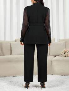 SHEIN Lady Women's Solid Color Mesh Patchwork Sheer Pocket Long Sleeve Blazer And Pants Suit Set In Fall/Winter - Black - View 2