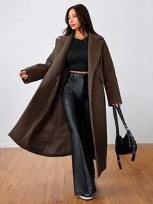 SHEIN Unity Casual Lapel Long Overcoat - Coffee Brown - View 6