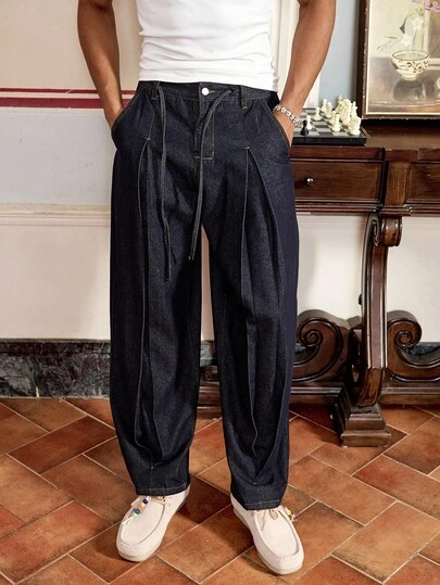 SWAVVY Men's Pleated Pocket Relaxed Fit Tapered Leg Jeans