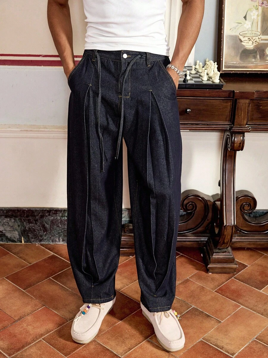 SWAVVY Men's Pleated Pocket Relaxed Fit Tapered Leg Jeans