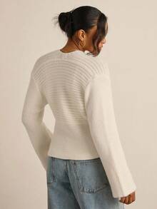 SHEIN VCAY Plus Size Women Solid Color Drop Shoulder Long Sleeve Single-Breasted Casual Knit Cardigan, Autumn - Beige - View 5