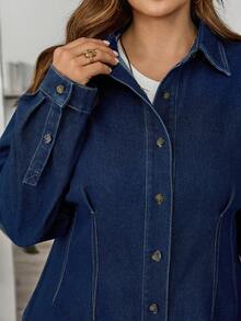SHEIN CURVE+ 女士加大码深牛仔蓝收腰长袖牛仔衬衫，适合所有场合，万圣节服装，乡村风格，时尚秋季 - 深色水洗藍 - 查看 6