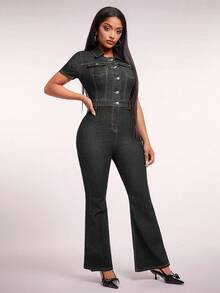 Radiana 女款黑色牛仔連身褲，修身長褲或落地喇叭褲款式，短袖設計，富有性感彈性 - 黑色 - 查看 4