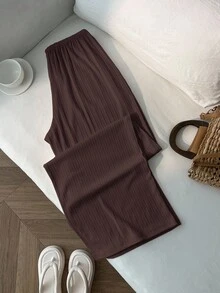 Flirla Women's Casual Solid Color Ribbed Drawstring Waist Loose Wide Leg Pants - Brown - View 2