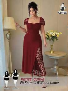 SHEIN PETITE Vestido elegante con cuello cuadrado, volantes en el bajo y abertura lateral - Burdeos - Ver 3
