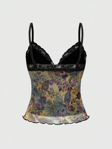 ROMWE Fairycore Women's Summer Vacation Paisley Print Contrast Lace Tie Front Fitted Camisole