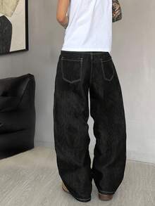STEELVANCE 男士休闲时尚街头撞色缝线宽松阔腿牛仔裤，不含腰带，垃圾摇滚 - 黑色 - 查看 2