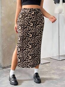 SHEIN EZwear Plus Size Women's Leopard Print High Slit Side Hem Skirt