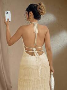 Flirla 大码纹理雪纺多层浪漫细肩带露背吊带连衣裙