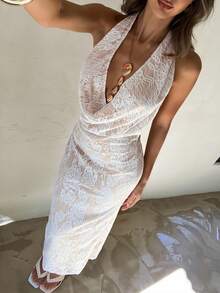 Aloruh Váy ren trắng hở lưng cổ khoét sâu dành cho nữ, thích hợp cho tiệc tùng, trà chiều, hẹn hò, sinh nhật - trắng - Xem 8