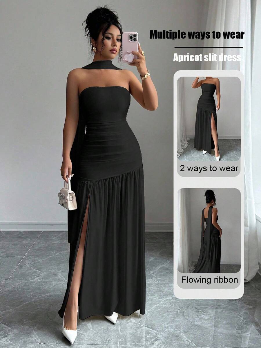 Elenzga Fashionable New Solid Color Glossy Fabric Strapless Long Flowy Ruched Waist Slit Hem Dress, Suitable For Weddings, Graduation Parties, Dates, Vacations - Black - View 1