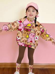 Young Girls Casual Fashionable Autumn Cartoon Rabbit Capybarasan Graphic Print Crew Neck Sweatshirt And Leggings Set, Back To School Season - Multicolor - View 3