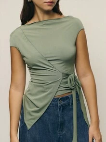 Nöista Asymmetrical Top With Side Tie Detail In Green Color. Perfect Spring Saint John Women's Clothing Elegant Vacay Holidays Summer.   Vacation Luxury Going Out  Wedding  Party    Festival  Holiday  Summer - Green - View 4
