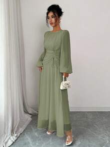 Elenzga Women's Spring/Summer French Romantic Sicily Elegant Casual Commute Vacation Afternoon Tea Party Round Neck Ruched Waist Drawstring A-Line Elastic Waist Long Sleeve Maxi Dress Fall Cloth For Women - Army Green - View 5
