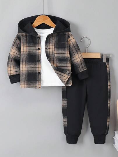 Baby und Kleinkind Jungen Lässig kariertes Muster Patchwork Knopf-Hoodie Hemd und Sporthose