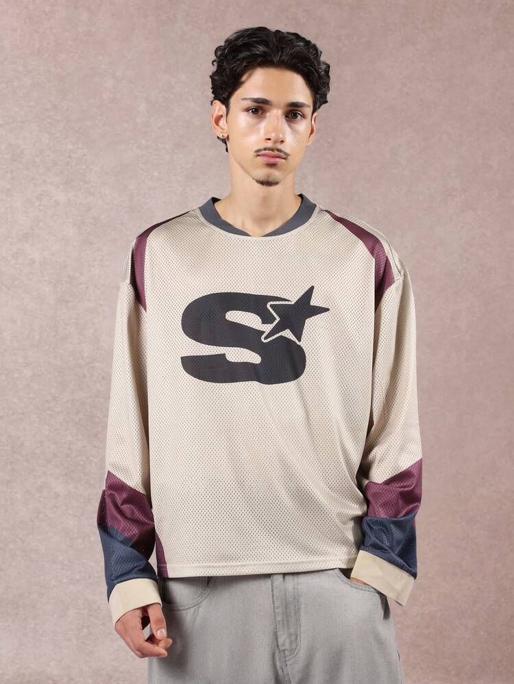 Mesh Football Jersey With Letter Print And Contrast Sleeves