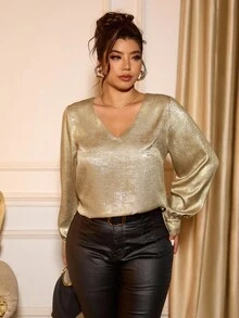 Cravure Plus Size Elegant V-Neck Foil Fabric Blouse For Commuting Fall Cloth For Women - Gold - View 4
