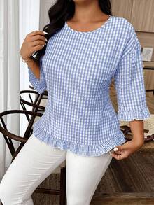 Weeklong Plus Size Women's Round Neck 3/4 Sleeve Plaid Ruffle Hem Casual Shirt Fall - Baby Blue - View 5
