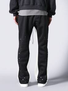 SUMWON 侧边条纹细节做旧泼墨印花喇叭运动裤，冬季假日节日宽松休闲街头风纯色款 - 黑與白 - 查看 4