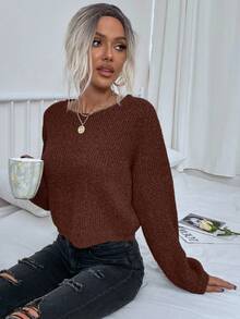EMERY ROSE Women's Solid Color Round Neck Drop Shoulder Long Sleeve Casual Collegiate Pullover Sweater, Autumn - Rust Brown - View 4