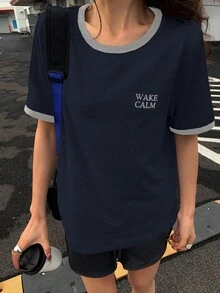 DAZY 女士彩色块字母印花圆领休闲短袖T恤 - 藏蓝色 - 查看 4