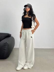 SHEIN Teen Girls Casual Loose Fit Low Waist Elastic Waistband Wide Leg Sweatpants, Versatile For Spring, Summer, Autumn, Winter Fall - Light Grey - View 4