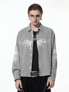 ROMWE MEN Goth 男士格子长袖单排扣休闲宽松衬衫，emo - 黑色 - 查看 3