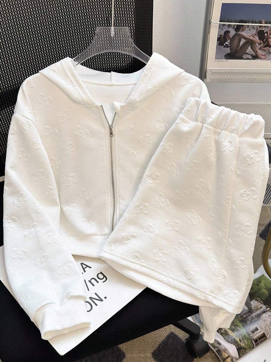 SHEIN 2 件套青少年女孩休闲拉链短款连帽外套和高腰松紧腰白色短裤套装 - 白色 - 查看 1