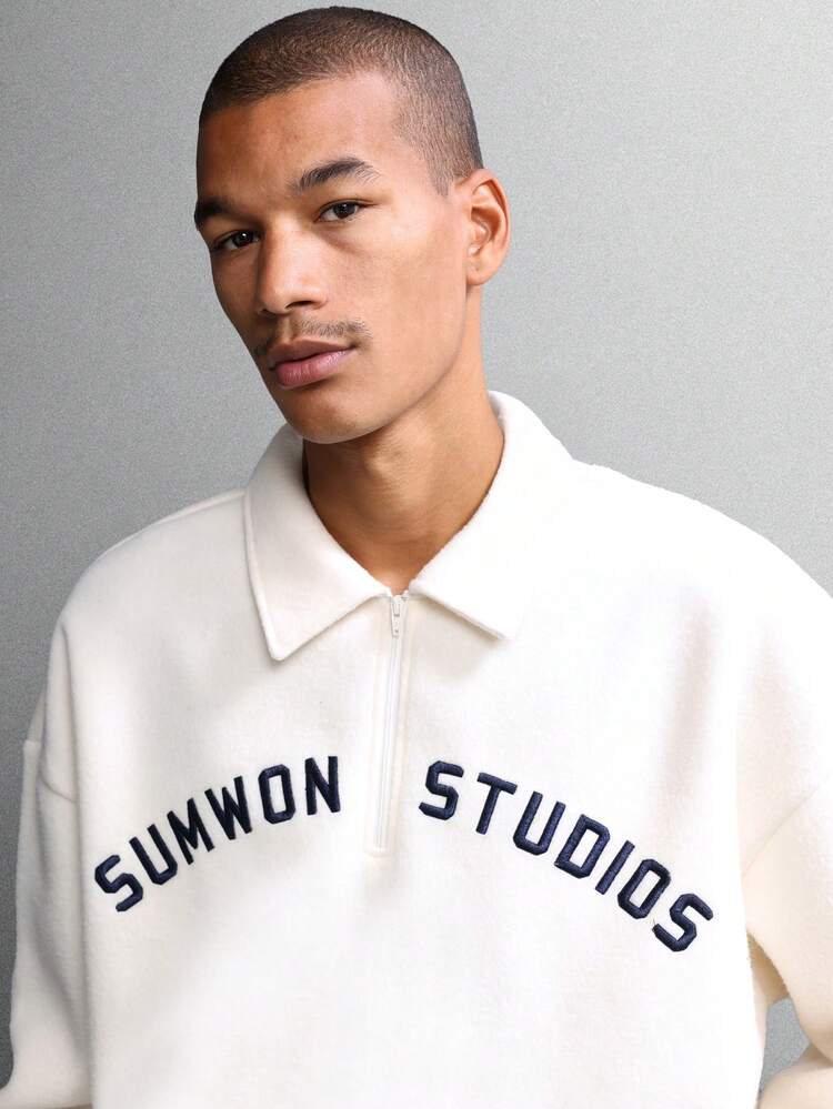 Boxy Half Zip Sweatshirt With Chest Logo Print