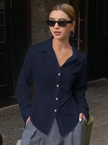 DAZY 女款素色收腰長袖休閒復古優雅襯衫，秋季商務休閒女式襯衫校園風 - 藏蓝色 - 查看 4