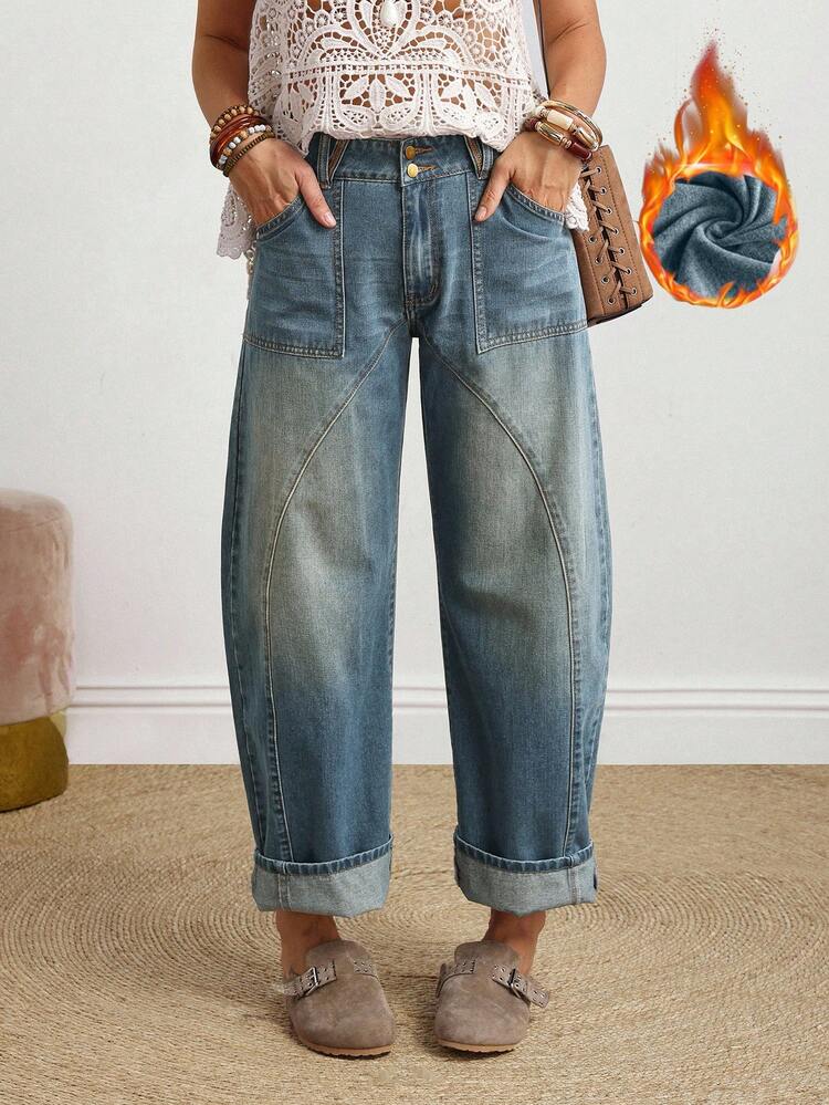 EMERY ROSE Women's Casual Daily Fashion Street Banana Denim Jeans With Slant Pockets, Loose Fit & Thermal Lined, Autumn/Winter Casual Street Patchwork Pocket Loose Wide Leg Jeans Women Jeans Baggy Loose Jeans Thermal Denim - Blue - View 1