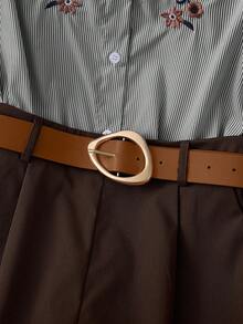 Franclia Fashion Casual Daily Versatile Commuting Blue Striped Shirt Collar Embroidery Short Sleeves Belt Decoration Khaki Wide-Leg Pants Shorts Women's Spring And Summer Two Pieces Suits Ladies Teacher Clothing Ladies Two Pieces Suit