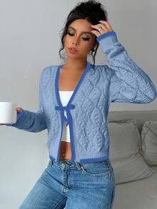 Selianne French Casual Versatile Diamond Textured Long Sleeve Pullover Knit - Blue - View 5