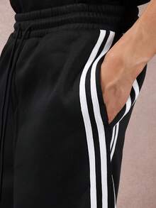 SUMWON 高级舒适抽绳运动裤，阔腿复古运动风侧条纹休闲家居服街头时尚运动休闲秋冬裤装纯色 - 黑色 - 查看 7