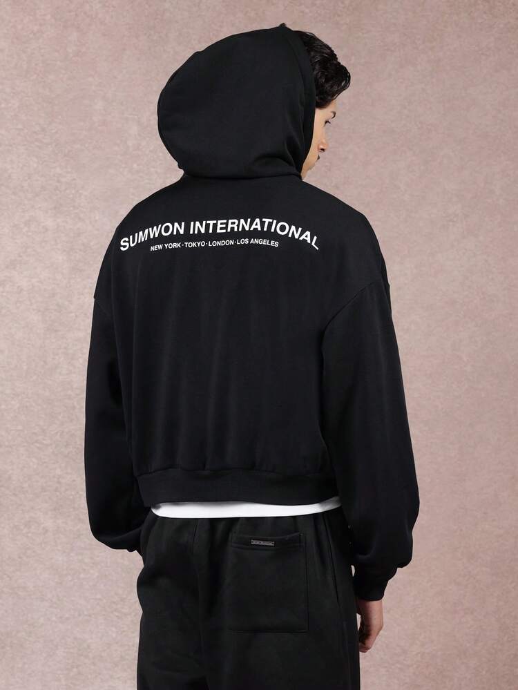 Cropped Black Hoodie With Logo And City Text