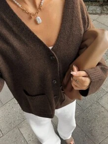 Livesso Women's Casual Solid Color Cardigan With Pockets, Autumn - Brown - View 1