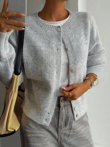 Livesso Women's Solid Color Drop Shoulder Long Sleeve Single-Breasted Casual Loose Cardigan, Autumn/Winter - Grey - View 4