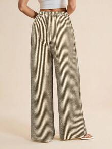 SHEIN Tall Calças listradas femininas com ajuste solto e cordão Calças listradas Calças listradas de perna larga Calças de perna larga Calças femininas de perna larga Calças de verão, outono